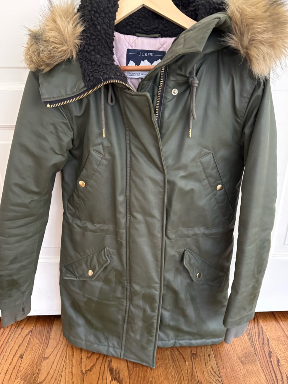J. Crew Olive Green Puffer Parka with Faux Fur Trim